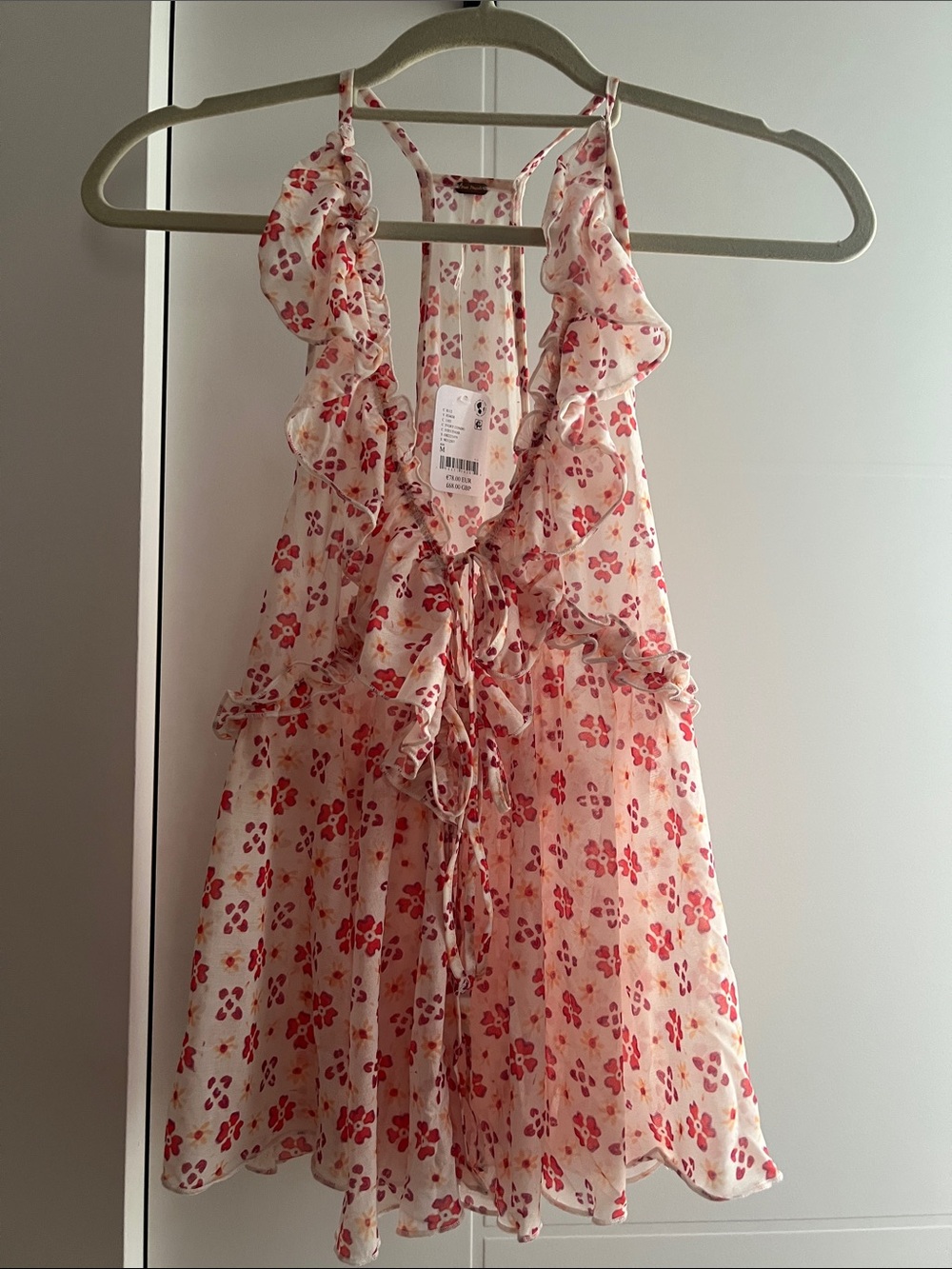 Free People Sheer Ruffle Floral Tie-Front Dress - Pink & Red